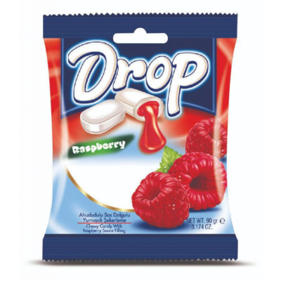 DROP Raspberry měkké žvýkací bonbony s malinovou náplní 90g